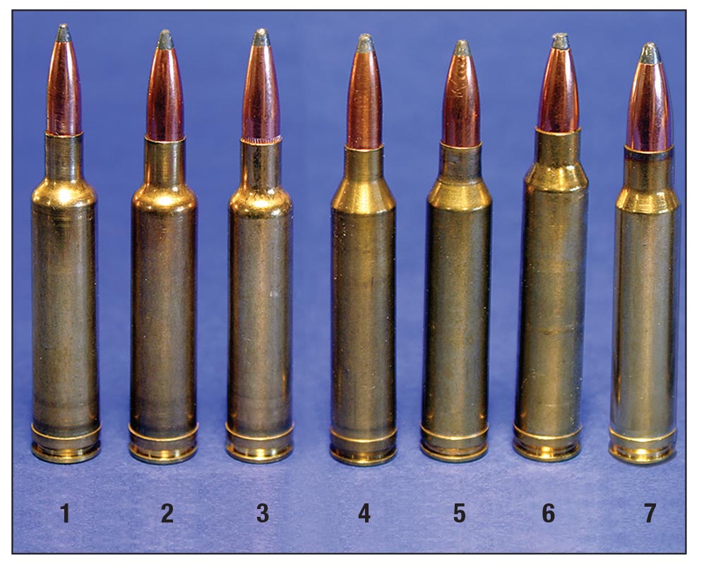 During the 1950s and 1960s a bunch of “short” (.30-06 length) belted magnums were introduced by various companies. Most were high-velocity rounds such as the (1) .257, (2) .270 and (3) 7mm Weatherby Magnums or the (4) .264 Winchester, (5) 7mm Remington and (6) .300 Winchester Magnums. The (7) .338 Winchester Magnum became the most popular medium bore.